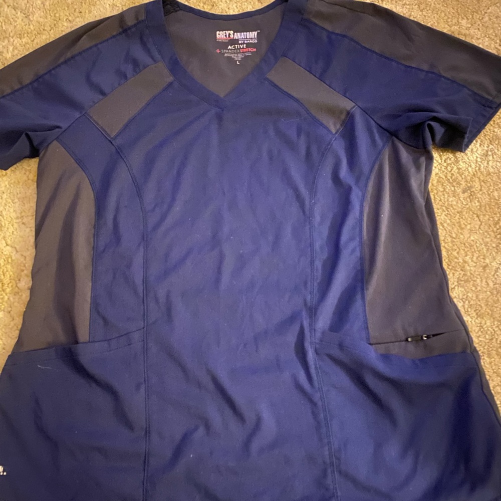 Greys Anatomy Navy blue and Steel Grey Active Stretch scrub top.  3 pockets
